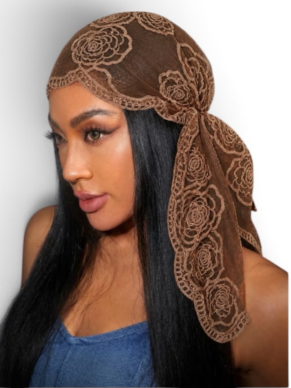 Brown Lace Embroidered Hair Scarf Headwrap - Picture 3 of 8